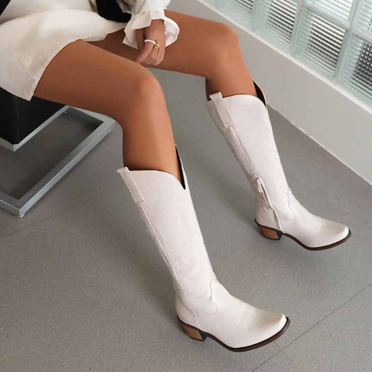 Embroidered Western Boots Chunky Heel Knee High Cowgirl Boots