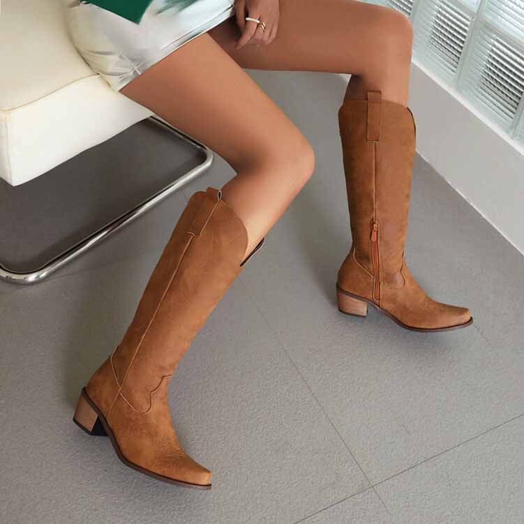 Embroidered Western Boots Chunky Heel Knee High Cowgirl Boots