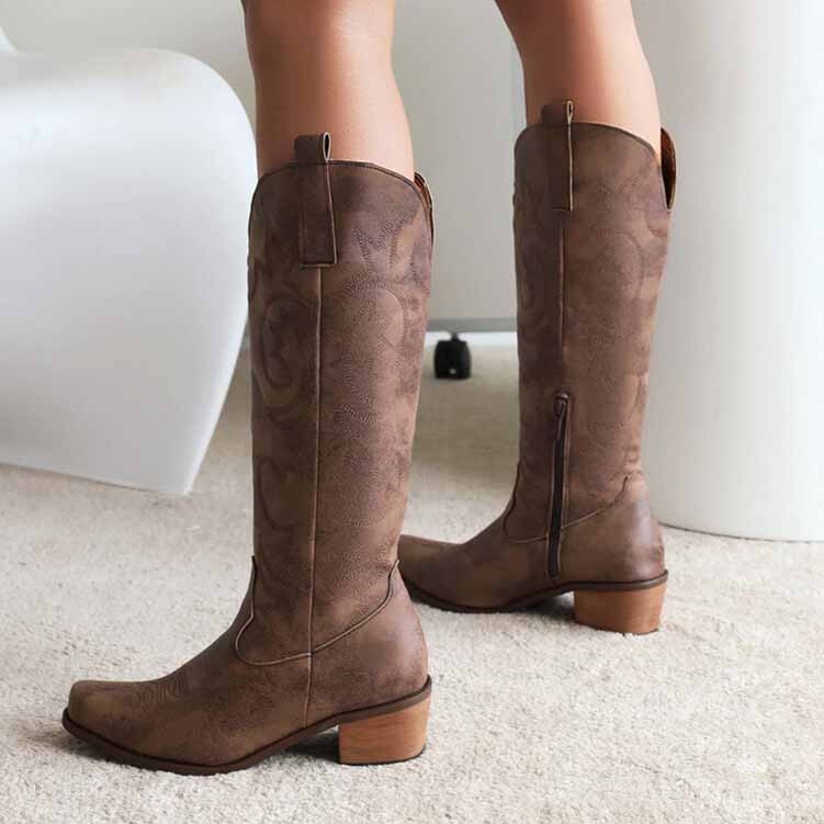 Embroidered Western Boots Chunky Heel Knee High Cowgirl Boots