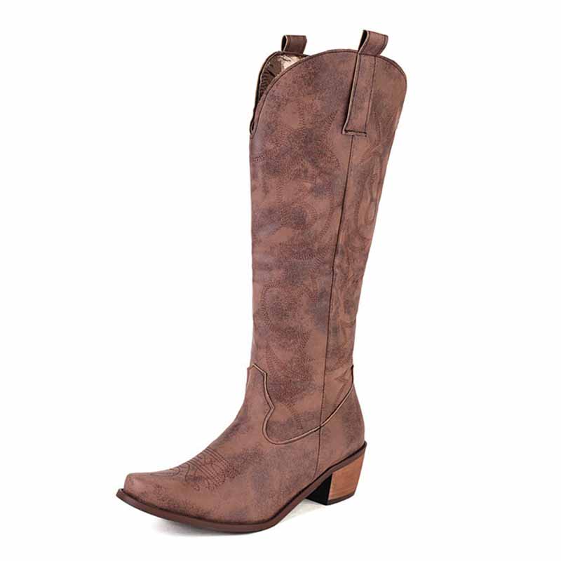 Embroidered Western Boots Chunky Heel Knee High Cowgirl Boots