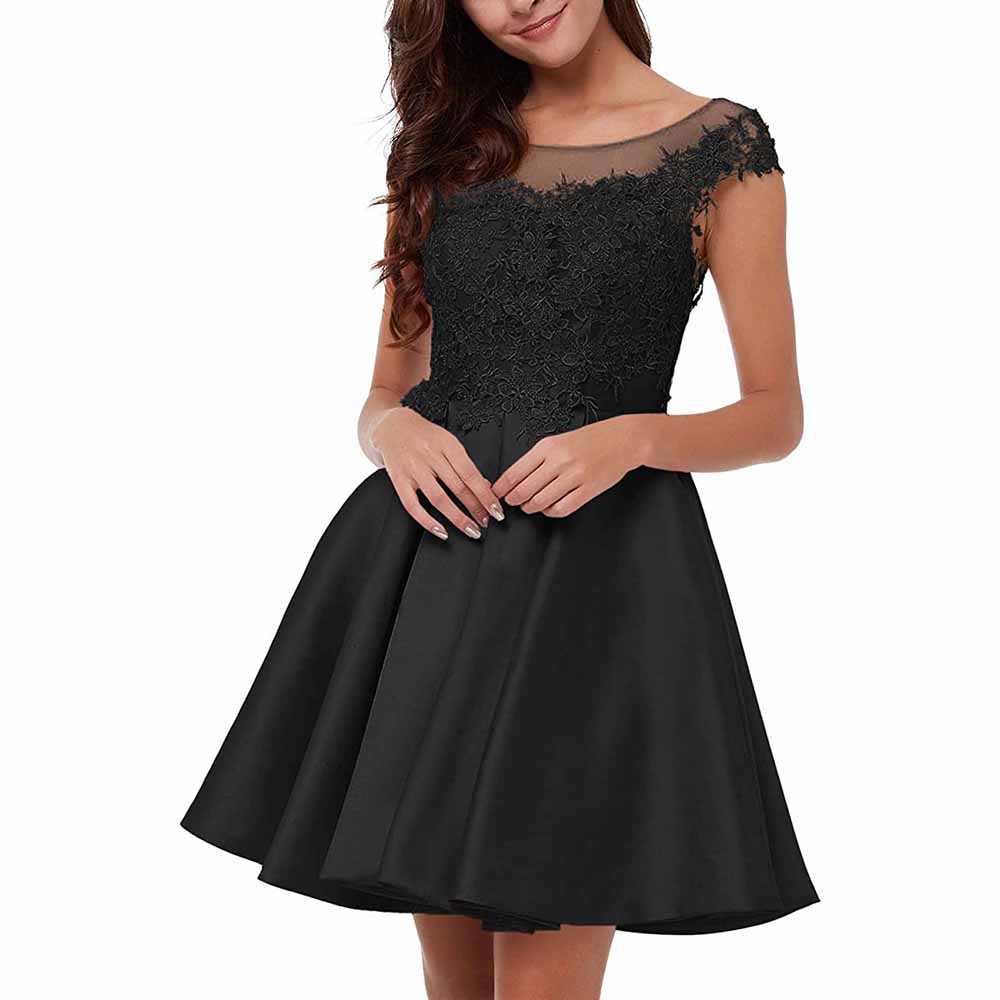 Elegant lace applique homecoming dress in black with a fitted bodice and a flared skirt