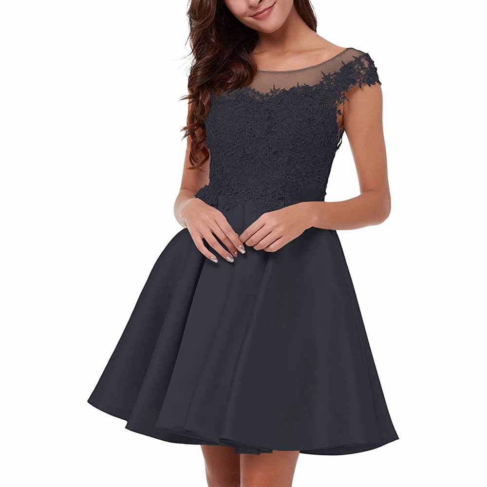 Elegant lace applique homecoming dress with a fitted bodice and flared skirt for special occasions