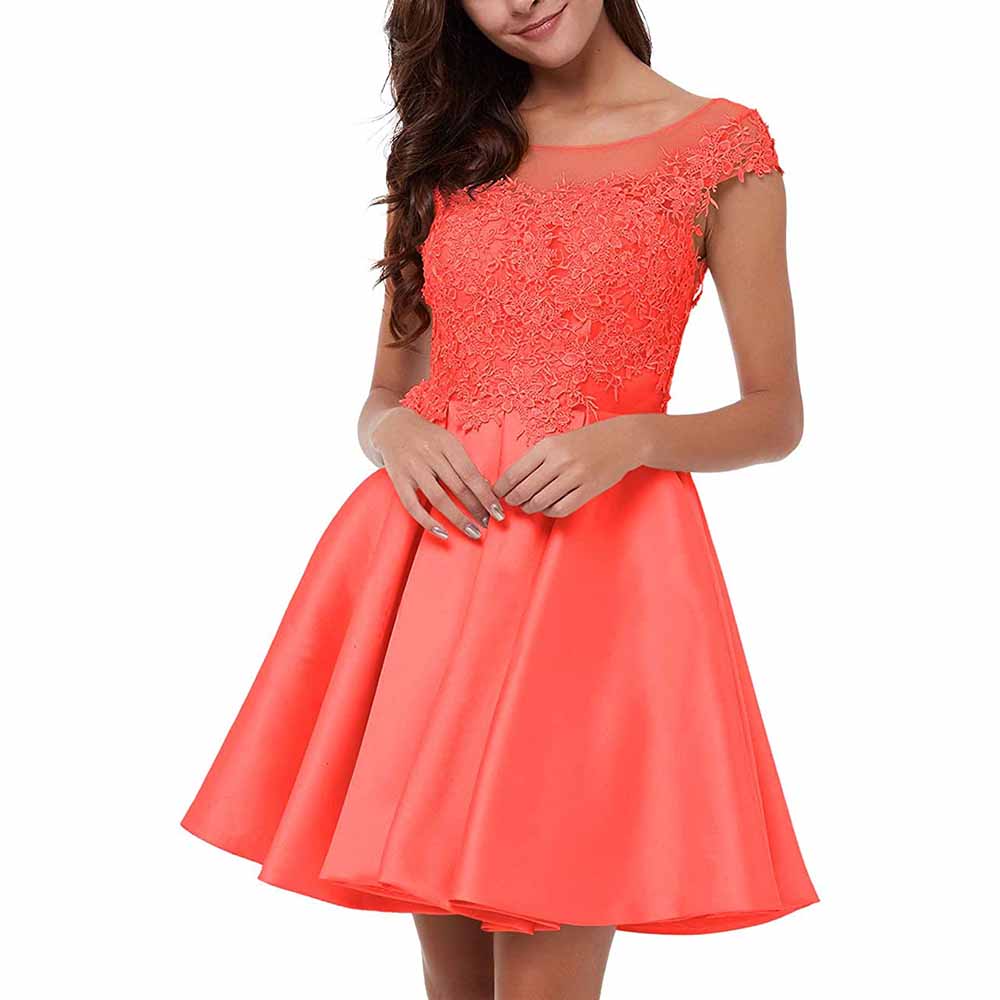 Coral lace applique homecoming dress with a fitted bodice and flared skirt for a stylish look