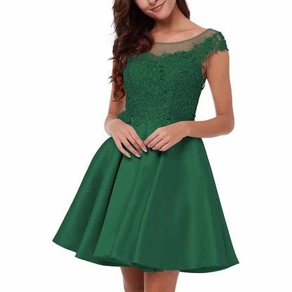 Elegant green lace applique homecoming dress with a fitted bodice and flared skirt for special occasions