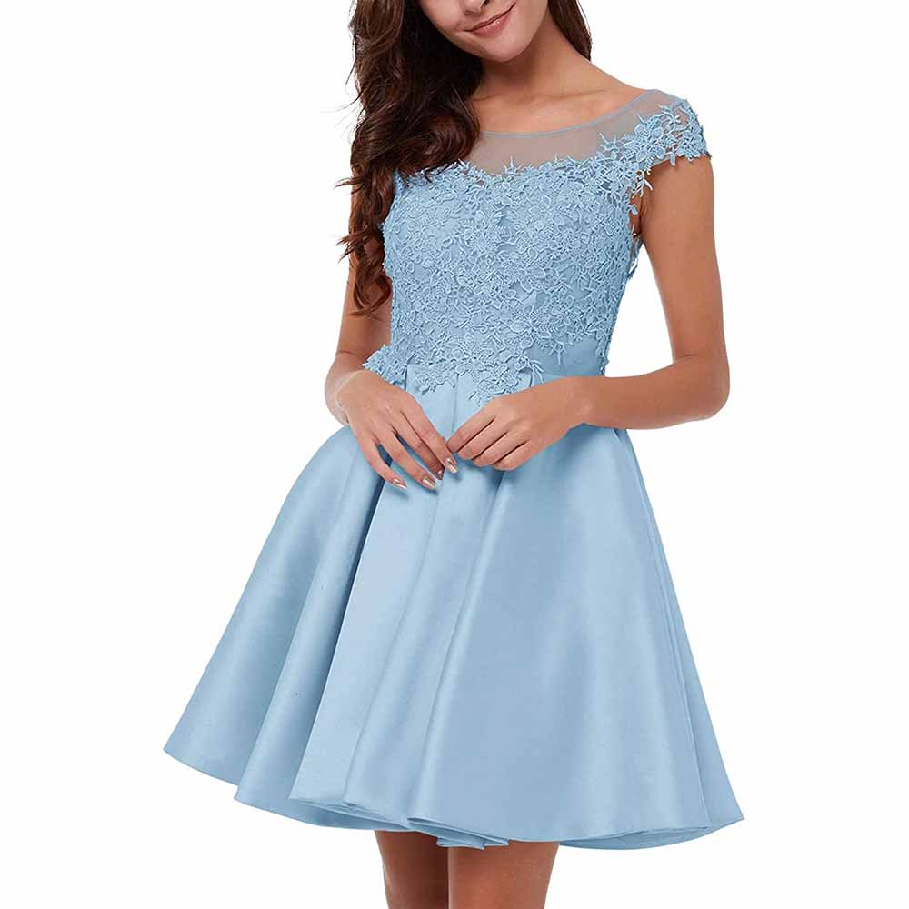 Sky blue lace applique homecoming dress with cap sleeves and a flared skirt for special occasions