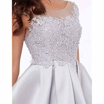 Elegant lace applique homecoming dress with a sheer neckline and floral embroidery detail