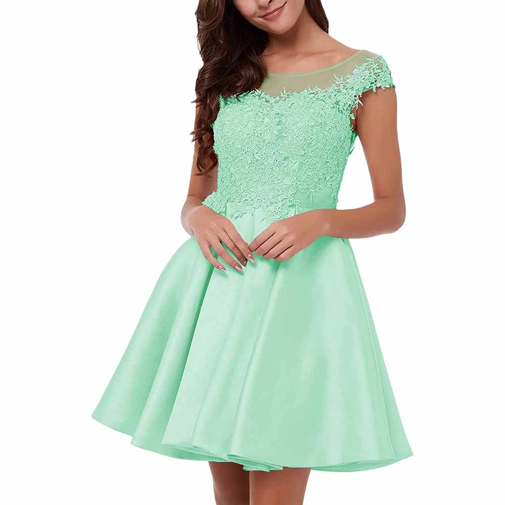 Mint green lace applique homecoming dress with a fitted bodice and flared skirt