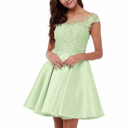 Lace applique homecoming dress in soft mint with a fitted bodice and flared skirt