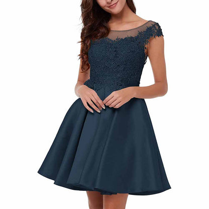 Navy blue lace applique homecoming dress with a fitted bodice and flared skirt