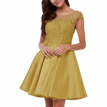 Lace applique homecoming dress in mustard yellow with a fitted bodice and flared skirt