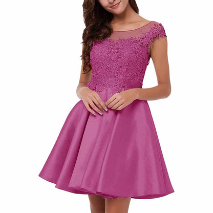 Elegant lace applique homecoming dress in pink with short sleeves and a flared skirt