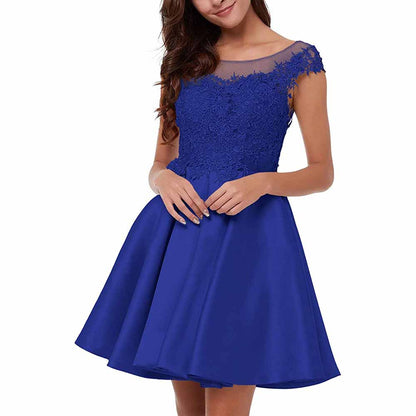 Elegant lace applique homecoming dress in royal blue with a fitted bodice and flared skirt