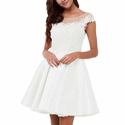 Elegant lace applique homecoming dress with a fitted bodice and flared skirt in white