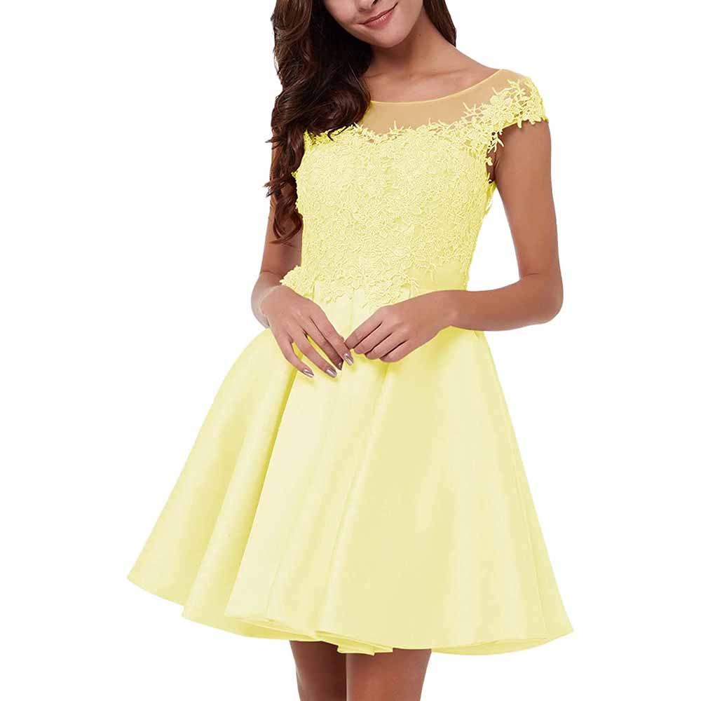 Sophisticated lace applique homecoming dress in bright yellow with a flattering A-line silhouette