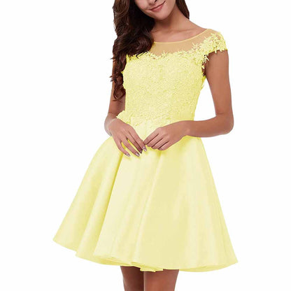 Sophisticated lace applique homecoming dress in bright yellow with a flattering A-line silhouette