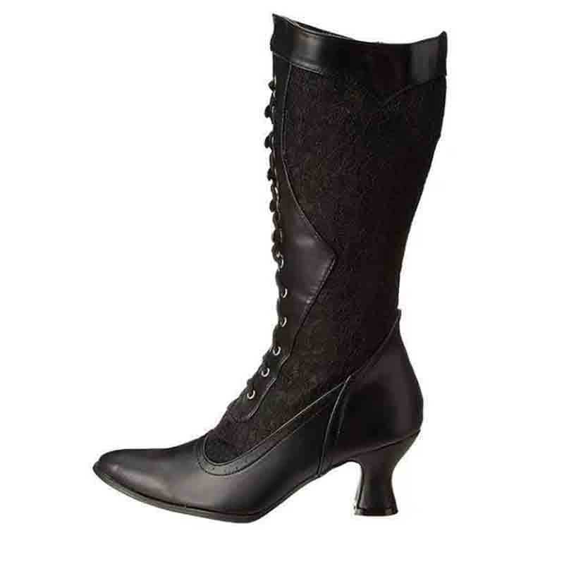 Elegant lace bridal boots for women with a stylish black design and a mid-heel for a unique wedding look