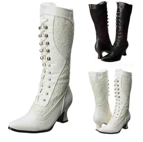Elegant lace bridal boots for women in white and black styles with lace detailing and stylish heels