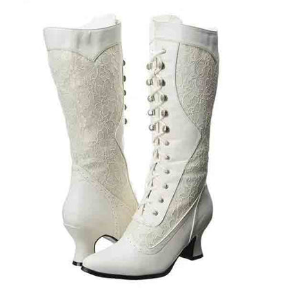 White lace bridal boots for women with elegant design and low heel, perfect for weddings