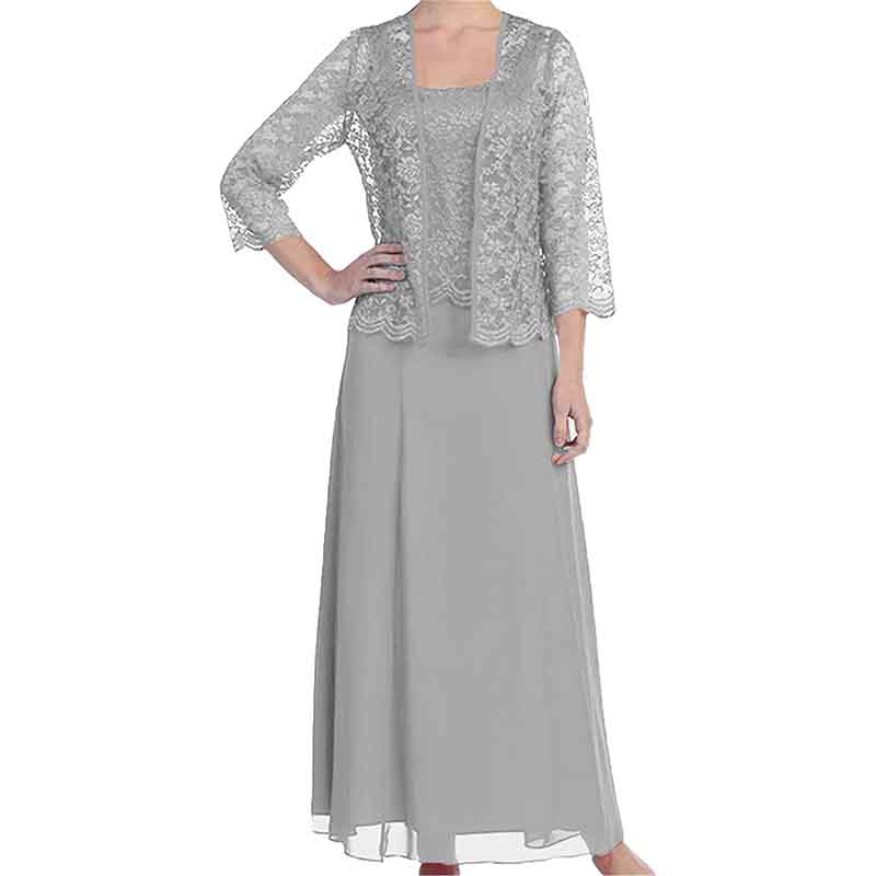 Elegant lace mother of the bride dress in silver with a matching lace jacket for special occasions