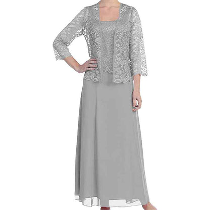Elegant lace mother of the bride dress in silver with a matching lace jacket for special occasions