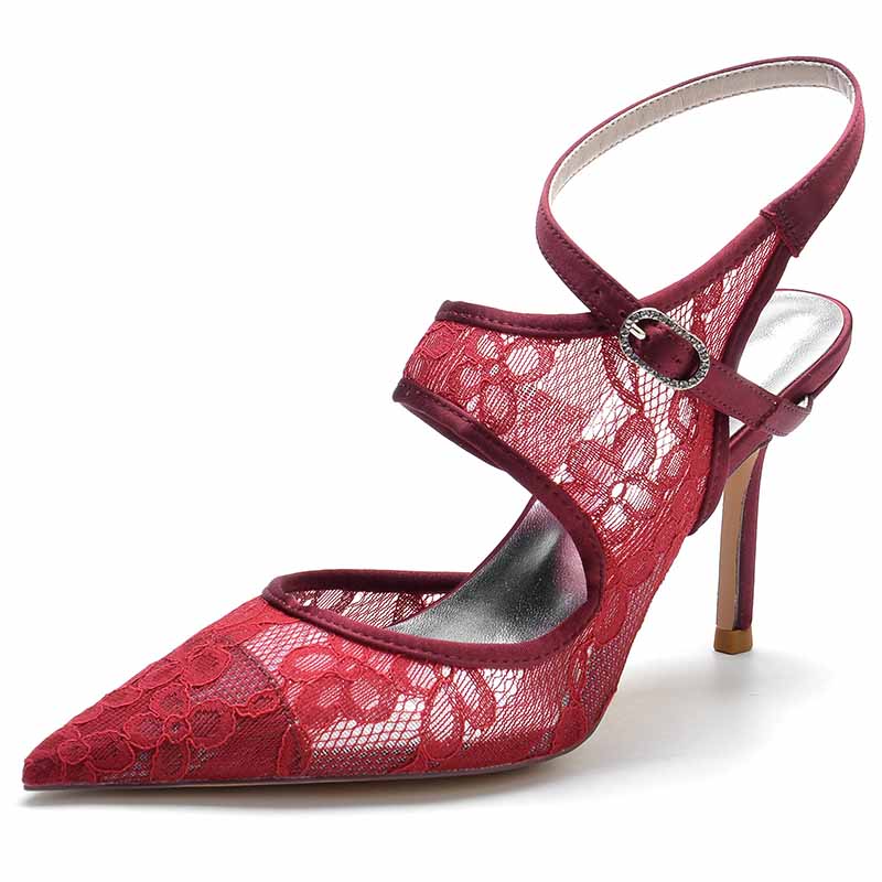 Elegant burgundy lace satin bridal wedding shoes with delicate lace overlay and high heel design