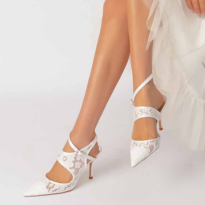 Elegant lace satin bridal wedding shoes with delicate ankle straps and pointed toes