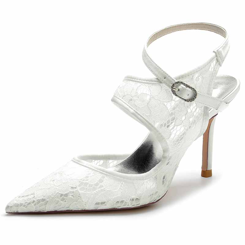 Elegant lace satin bridal wedding shoes with a pointed toe and ankle strap design