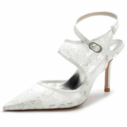 Elegant lace satin bridal wedding shoes with a pointed toe and ankle strap design