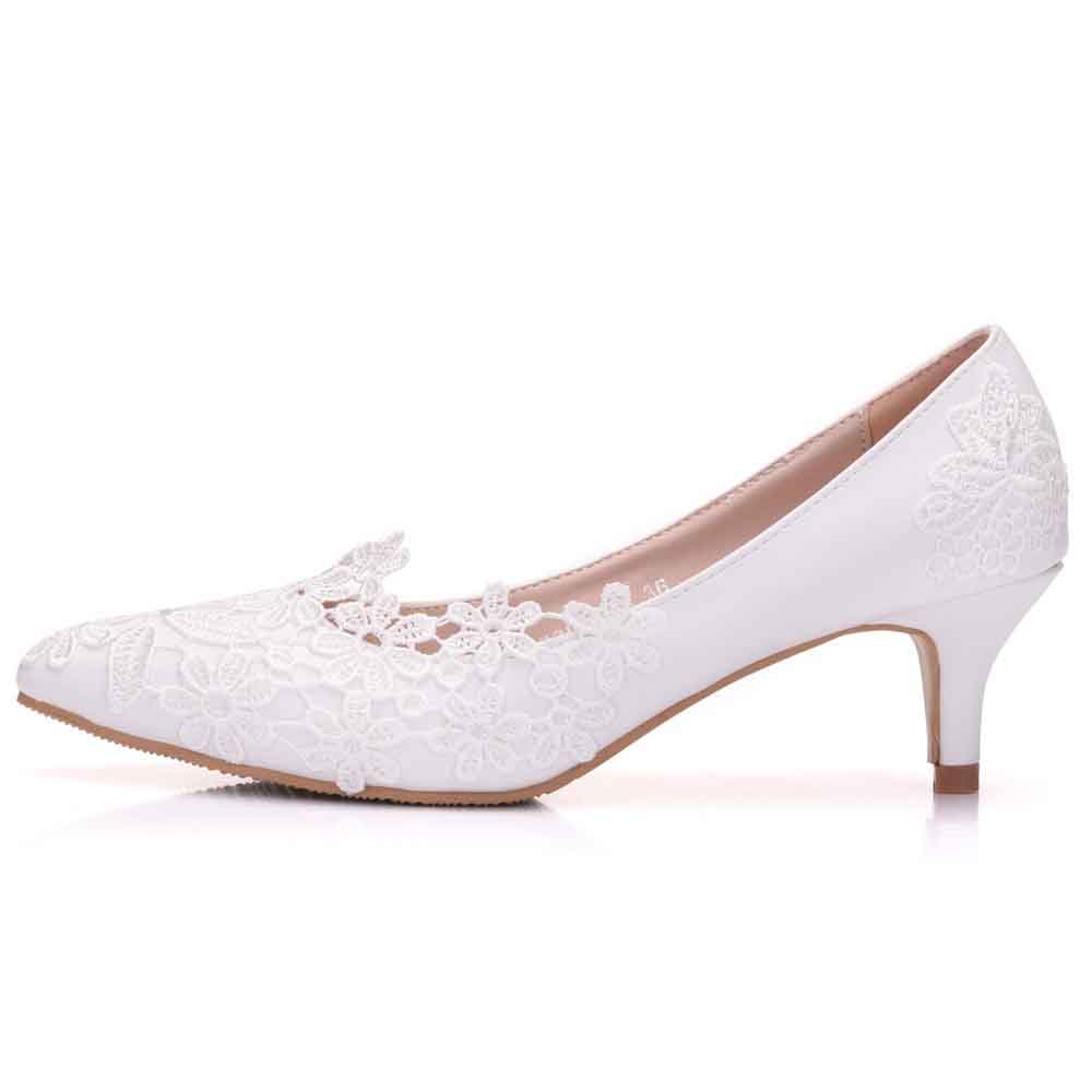 Lace wedding low heel pumps in white with floral lace detailing for bridal elegance