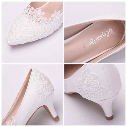 Lace wedding low heel pumps in white with elegant floral embroidery on the upper