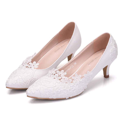 Elegant lace wedding low heel pumps in white with floral design for style and comfort