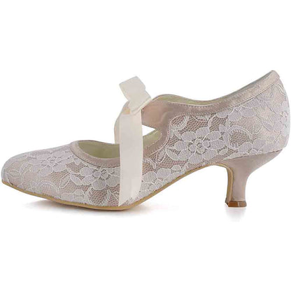 Elegant lace wedding shoes for bride with a delicate lace overlay and stylish ribbon detail