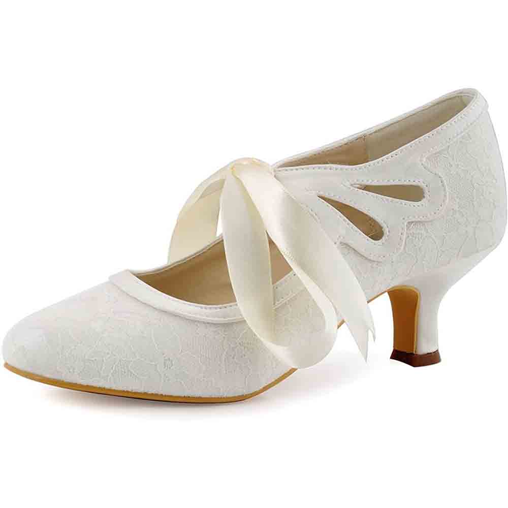 Elegant lace wedding shoes for bride featuring a satin ribbon and a chic heel design