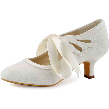 Elegant lace wedding shoes for bride featuring a satin ribbon and a chic heel design