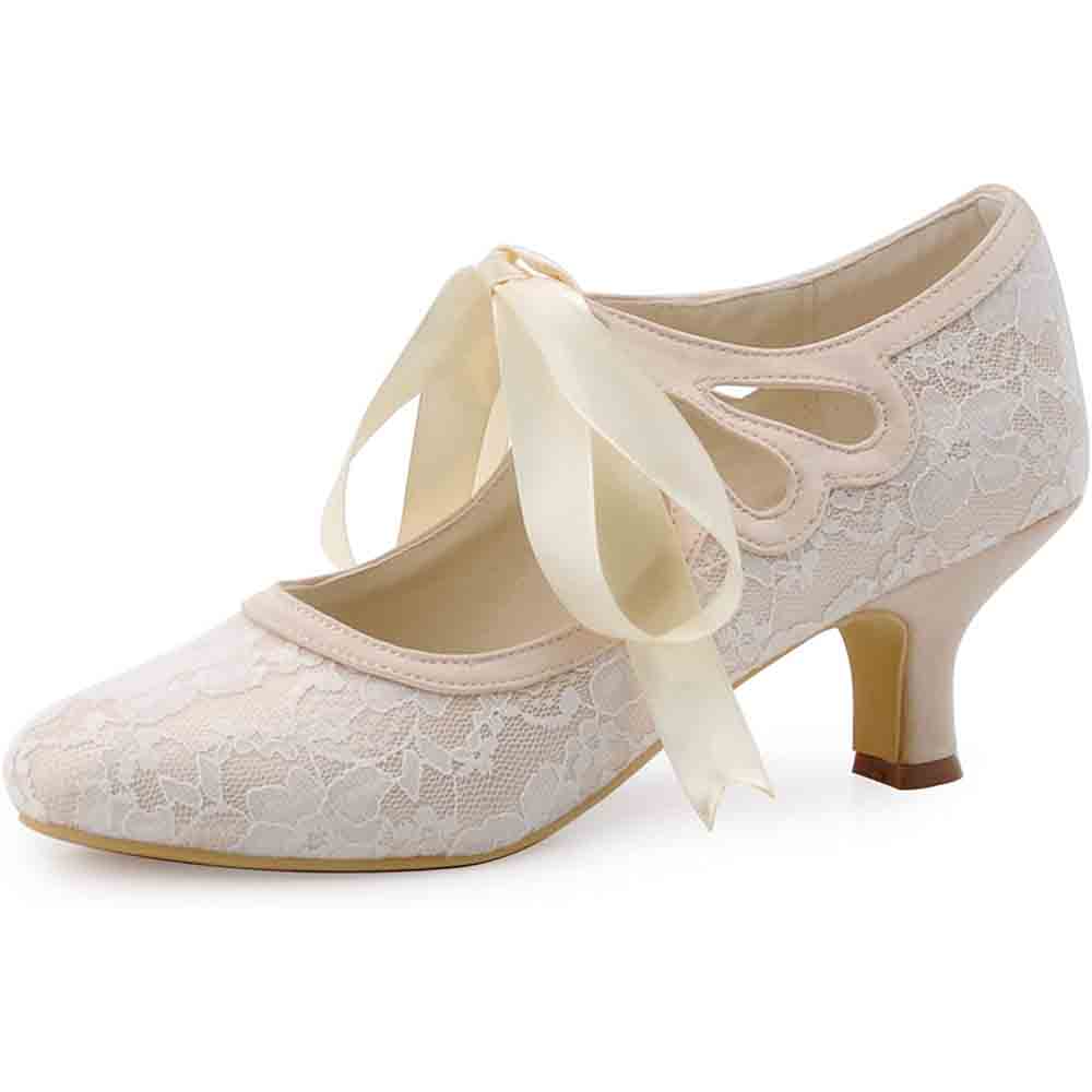 Elegant lace wedding shoes for bride with ribbon detail and modest heel for a charming look