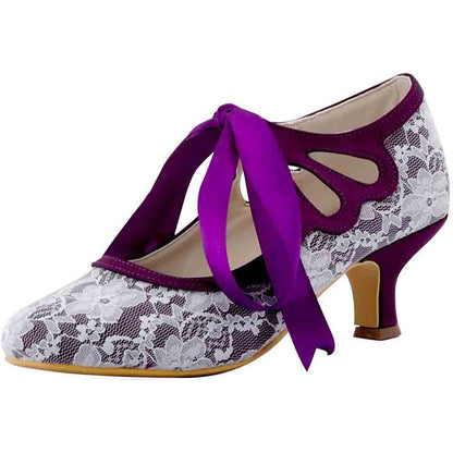 Lace wedding shoes for bride with elegant purple accents and stylish heel