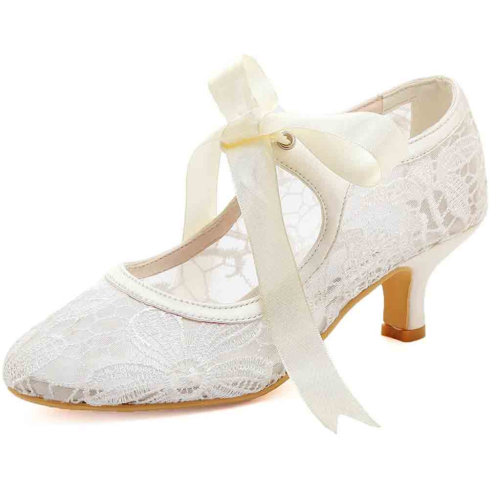 Elegant lace wedding shoes for bride with ribbon tie and a chic heel for a stylish bridal look
