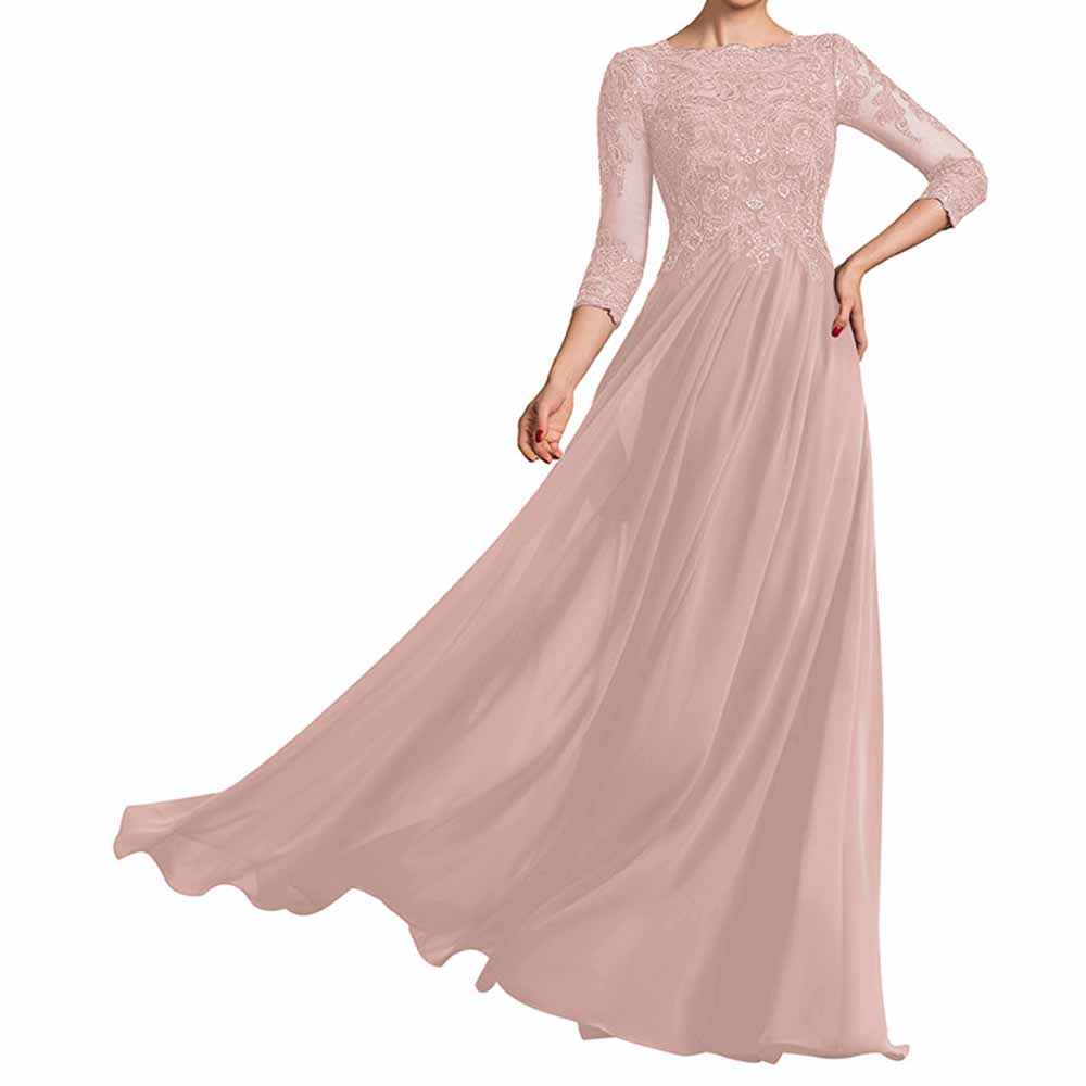 Chiffon Lace Scoop Shoulder 3/4 Sleeves Bridesmaid Dress Floor-Length Mother of the Bride Dresses