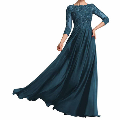 Chiffon Lace Scoop Shoulder 3/4 Sleeves Bridesmaid Dress Floor-Length Mother of the Bride Dresses