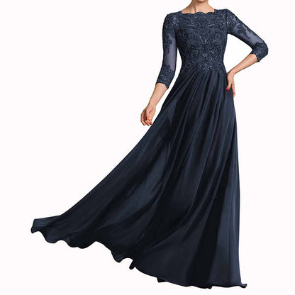Chiffon Lace Scoop Shoulder 3/4 Sleeves Bridesmaid Dress Floor-Length Mother of the Bride Dresses