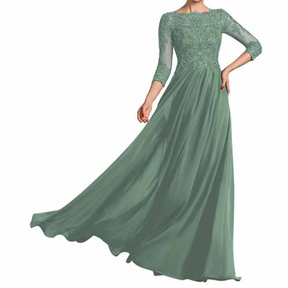 Chiffon Lace Scoop Shoulder 3/4 Sleeves Bridesmaid Dress Floor-Length Mother of the Bride Dresses