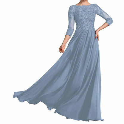 Chiffon Lace Scoop Shoulder 3/4 Sleeves Bridesmaid Dress Floor-Length Mother of the Bride Dresses