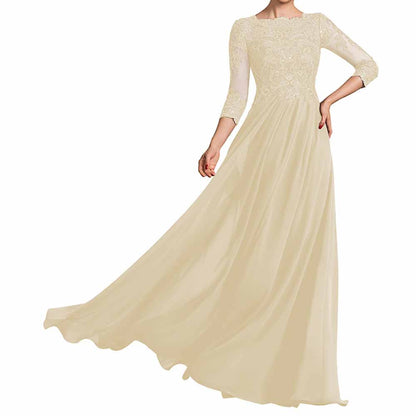 Chiffon Lace Scoop Shoulder 3/4 Sleeves Bridesmaid Dress Floor-Length Mother of the Bride Dresses