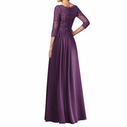 Chiffon Lace Scoop Shoulder 3/4 Sleeves Bridesmaid Dress Floor-Length Mother of the Bride Dresses