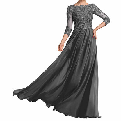 Chiffon Lace Scoop Shoulder 3/4 Sleeves Bridesmaid Dress Floor-Length Mother of the Bride Dresses