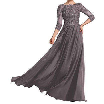 Chiffon Lace Scoop Shoulder 3/4 Sleeves Bridesmaid Dress Floor-Length Mother of the Bride Dresses