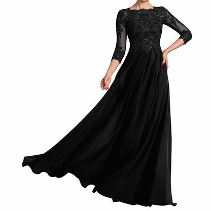 Chiffon Lace Scoop Shoulder 3/4 Sleeves Bridesmaid Dress Floor-Length Mother of the Bride Dresses
