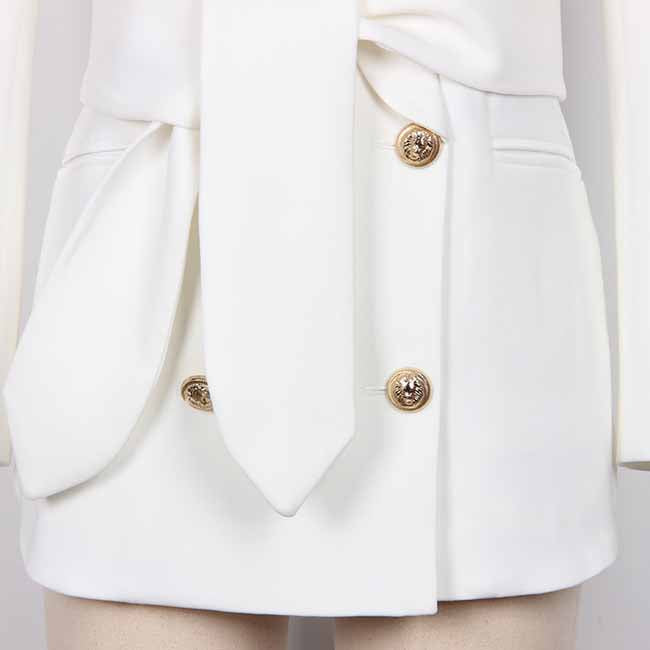 Women Golden Lion Buttons Mid length Belted Jacket Blazer Coat Pink Black White