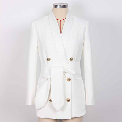 Women Golden Lion Buttons Mid length Belted Jacket Blazer Coat Pink Black White