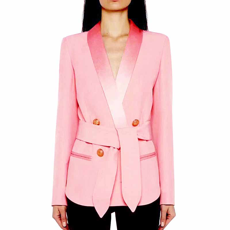 Women Golden Lion Buttons Mid length Belted Jacket Blazer Coat Pink Black White